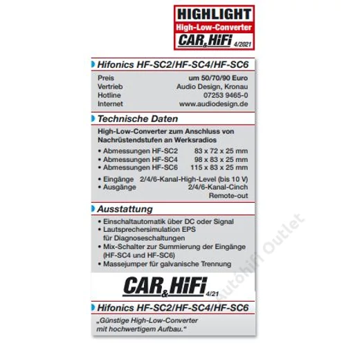 Convertisseur Signal Hifonics HF-SC 4 - High To Low 4 Canaux Pour Améliorer Votre Autoradio